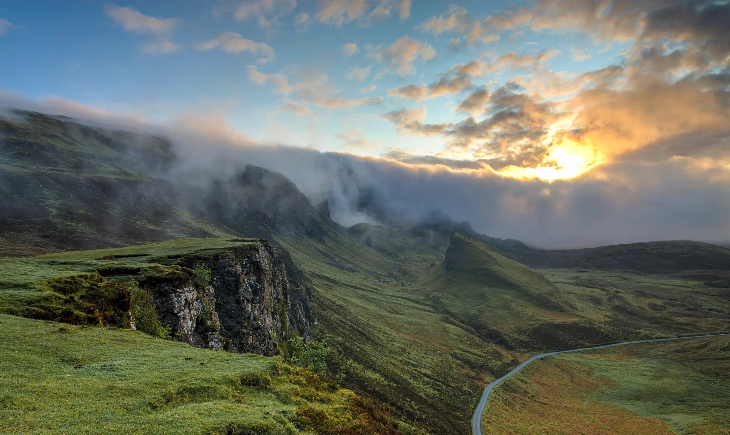Green mountain highlands at sunrise